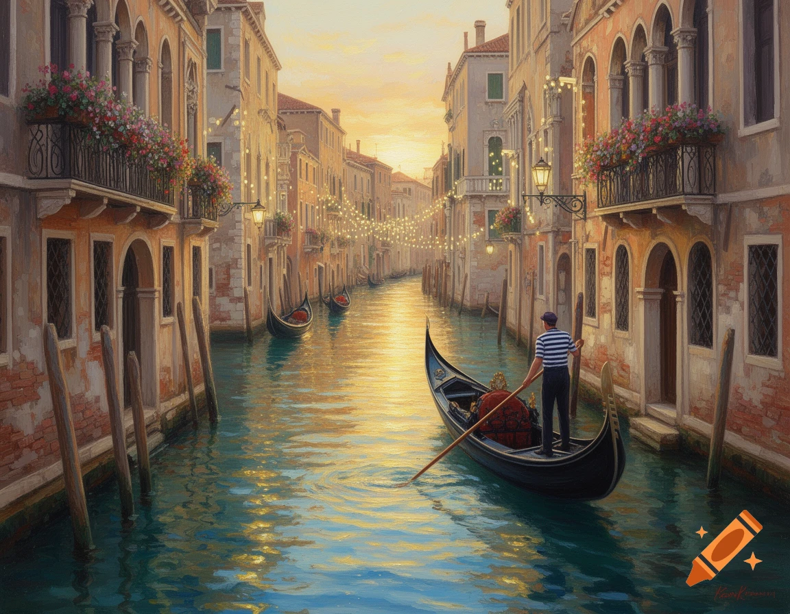 Painting of a gondolier poling a gondola along a canal lined with old Venetian buildings at sunset, with string lights.