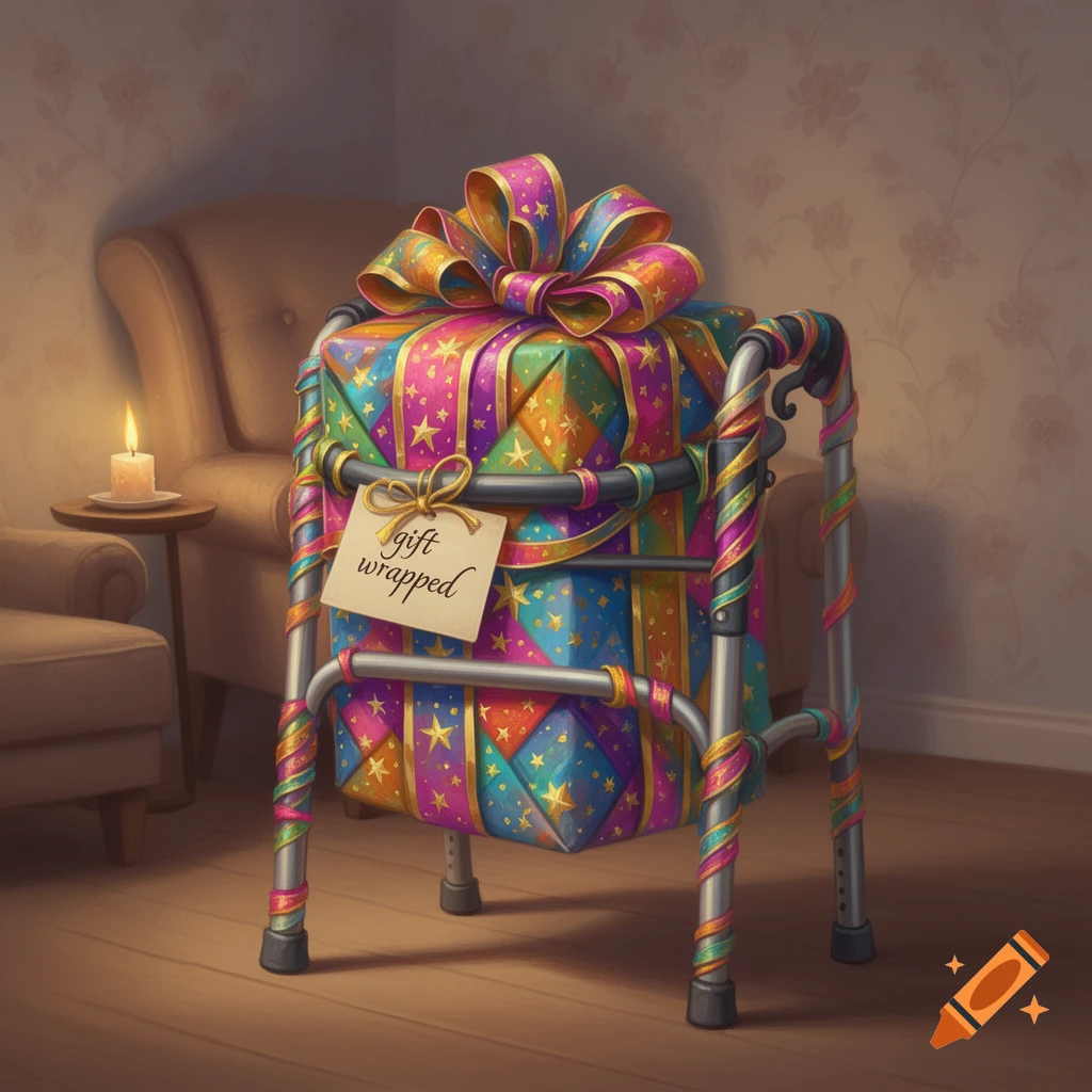 A zimmer frame wrapped as a colorful gift with a big bow and a tag reading 'gift wrapped', next to a lit candle.