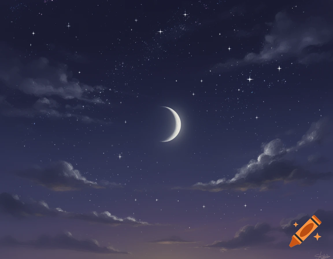 A beautiful night sky with a bright crescent moon, numerous stars, and soft clouds at dusk.