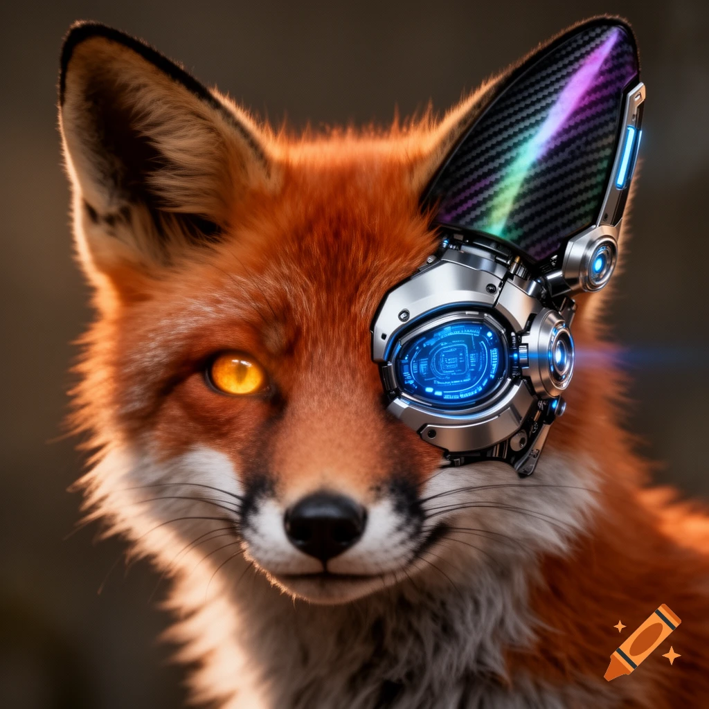 Photorealistic close-up of a fox with a natural eye and a glowing blue bionic eye and ear on the other side.