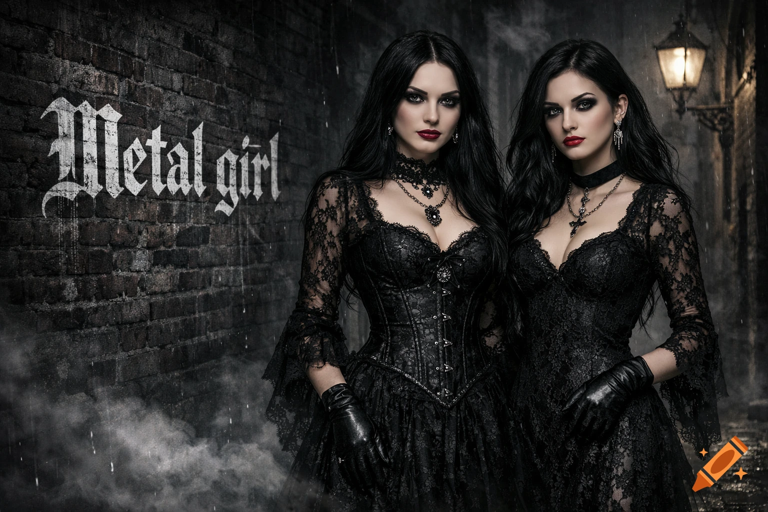 Two women with long dark hair and dark makeup wear elaborate black gothic lace dresses, standing against a dark brick wall with 'Metal girl' graffiti and an old street lamp in the background.