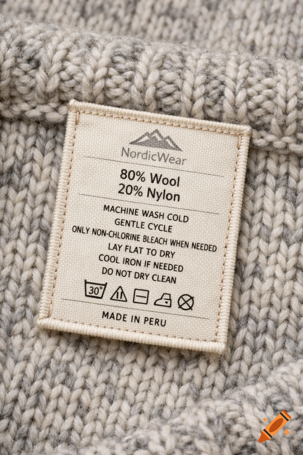 Close-up photorealistic image of a fabric clothing tag on a light grey knitted sweater, displaying brand, material, care instructions, and 'MADE IN PERU'.
