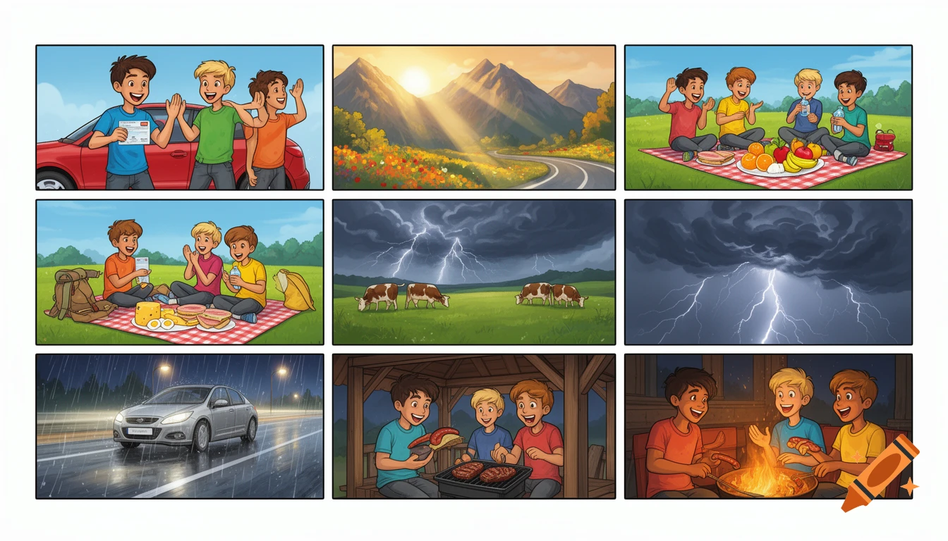 A nine-panel comic strip illustrating three friends on a road trip, picnicking, caught in a storm, and barbecuing.