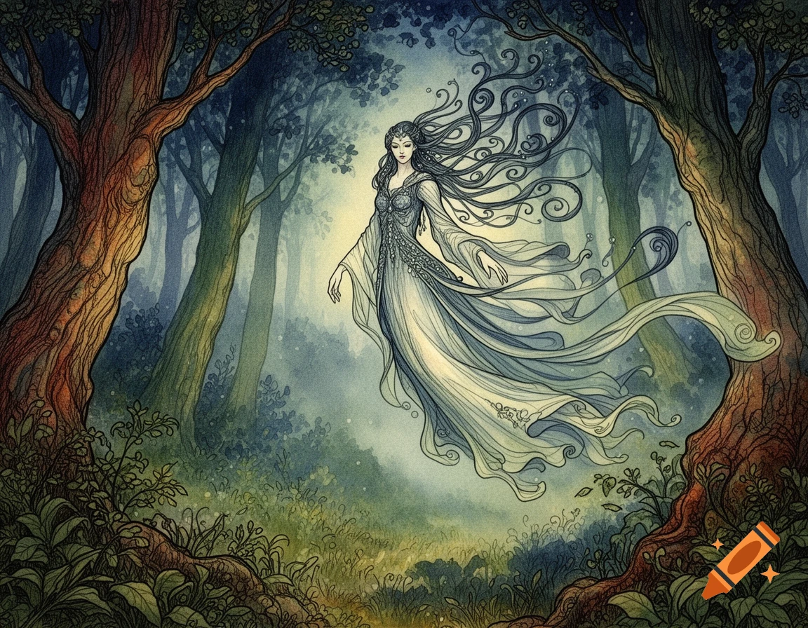 An ethereal woman with long, flowing hair and a light gown floats ...
