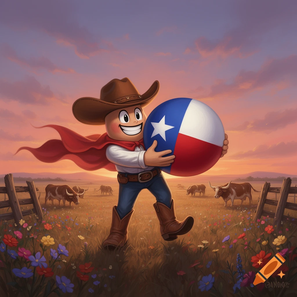 A cartoon character in a cowboy hat and red cape walks in a field, holding a Texas flag beach ball, with longhorn cattle at sunset.