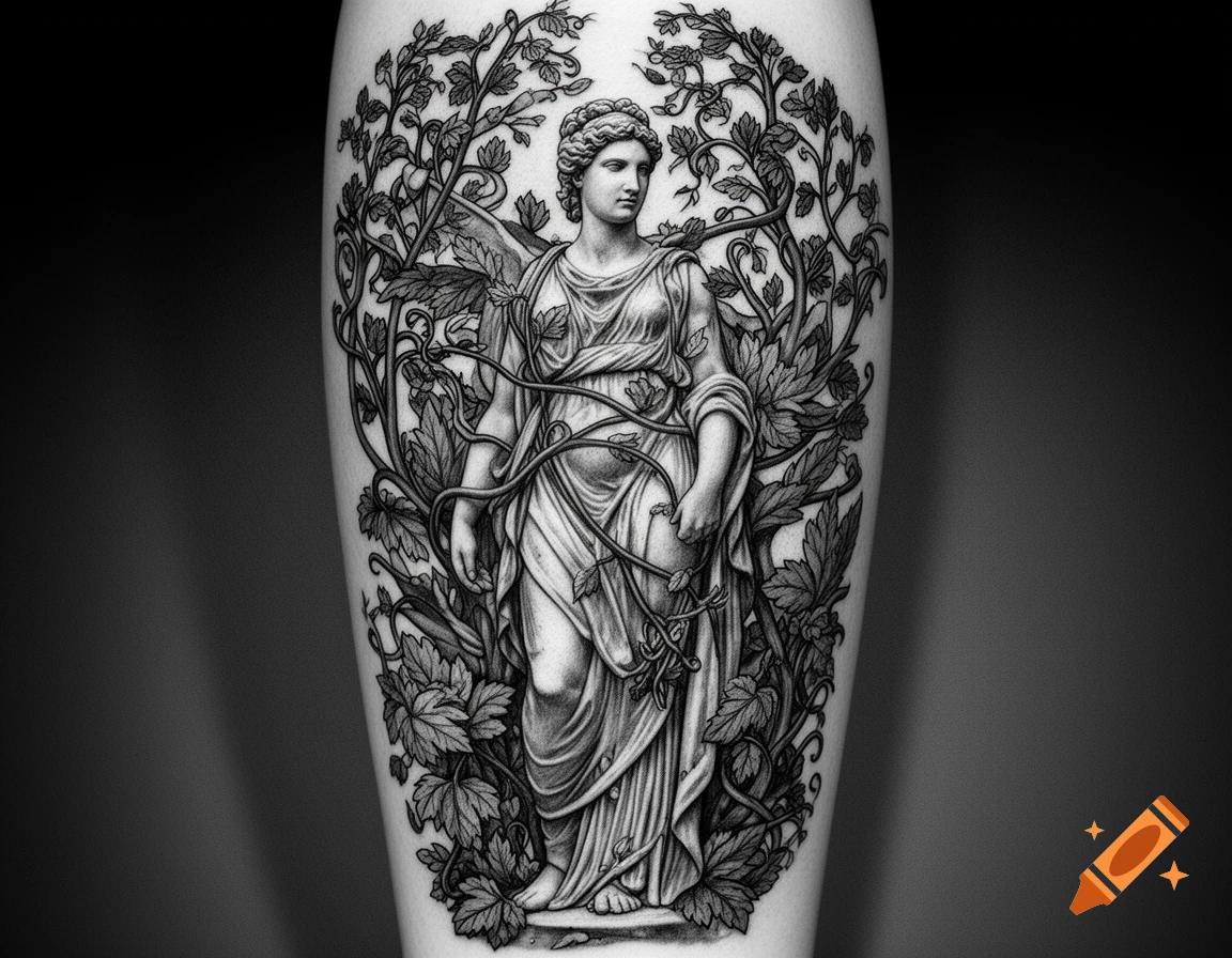 A grayscale tattoo depicting a classical draped statue entwined with intricate vines and leaves, in a mythological style.