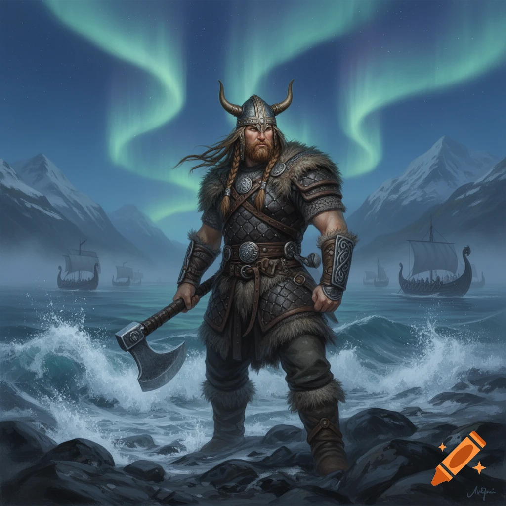 A powerful Viking warrior stands on a rocky shore with an axe, longships, snowy mountains, and the aurora borealis under a night sky.