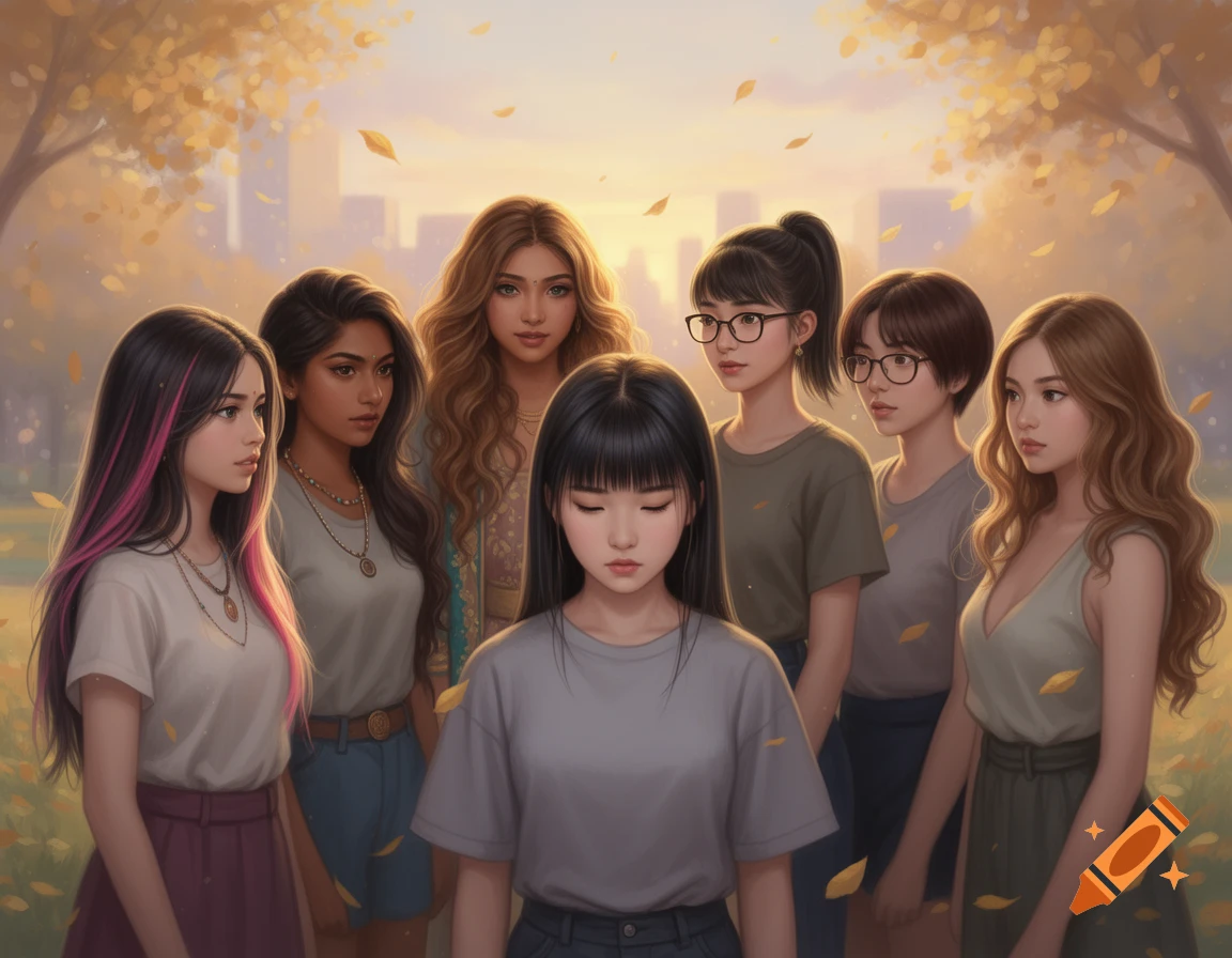 A group of seven young women with diverse appearances stand outdoors in an autumn-like park at sunset, with one girl in the foreground looking sad while others look on.