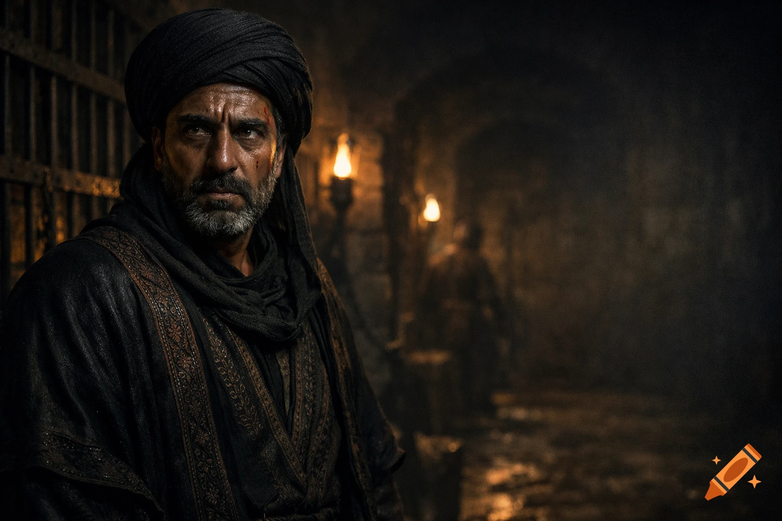 A powerful middle-aged Middle Eastern man in dark robes with a tense expression, in a dimly lit ancient prison corridor. Photorealistic.