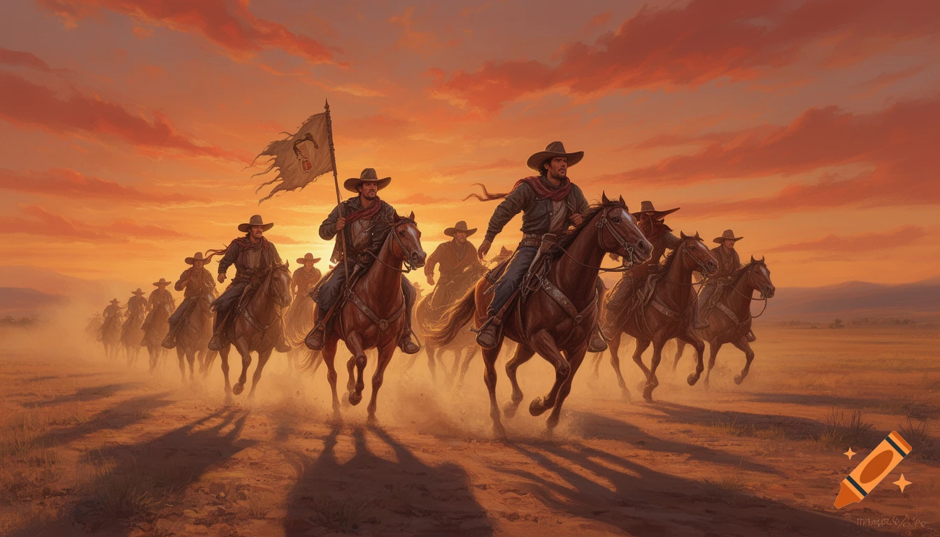 A group of cowboys on horseback rides through a dusty landscape at sunset, with one holding a tattered flag.