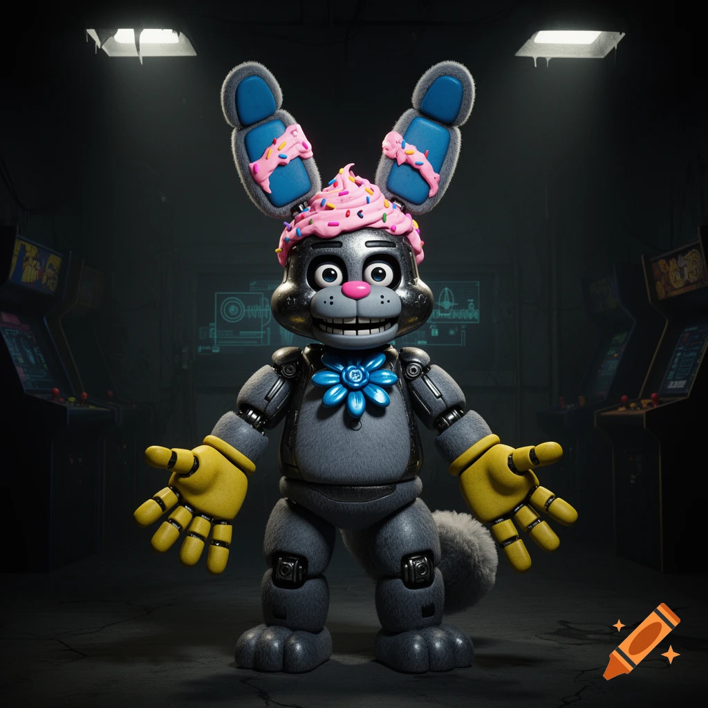A Five Nights at Freddy's style humanoid rabbit animatronic with pink cupcake frosting, blue flower, and yellow gloves stands in a dark arcade.