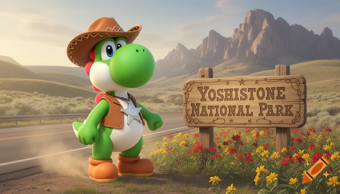 Yoshi in a cowboy hat and vest stands next to a wooden 'Yoshistone National Park' sign in a realistic desert landscape.