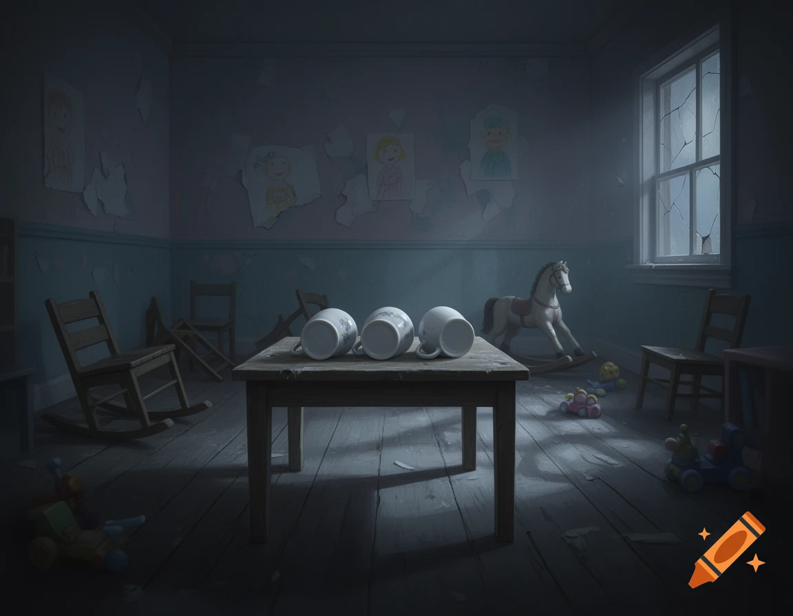 A dimly lit, abandoned room resembling a daycare, with broken windows, peeling wallpaper, a rocking horse, and three upside-down cups on a wooden table.