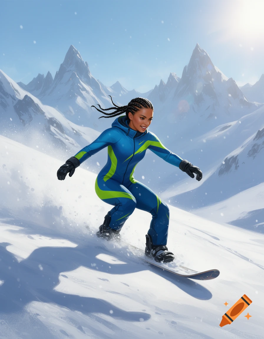 A woman with braided hair snowboards down a snowy mountain, wearing a blue and lime green suit, with sunlit peaks in the background.