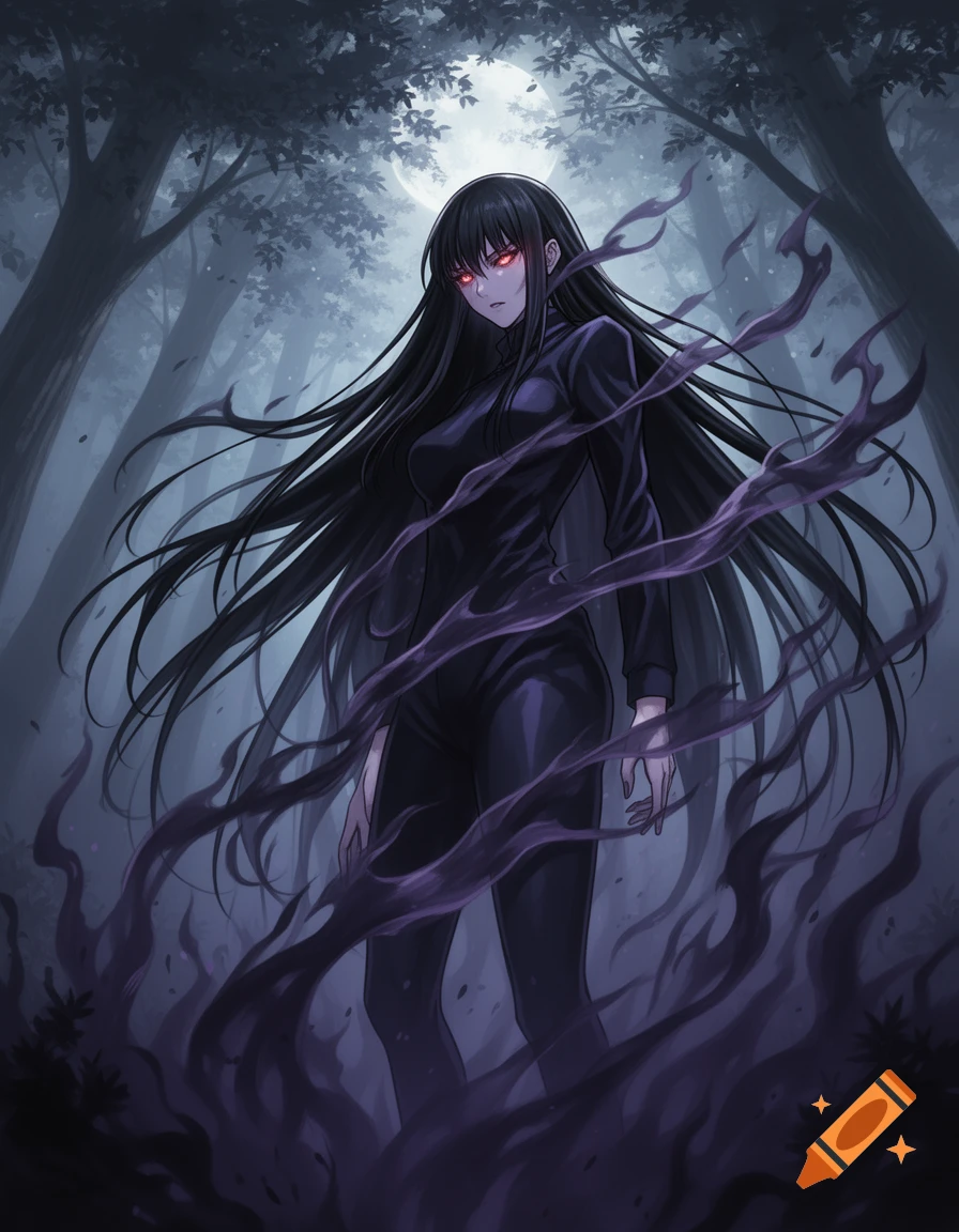 Anime woman with long black hair, glowing red eyes, and dark tendrils, stands in a dark forest under a full moon.