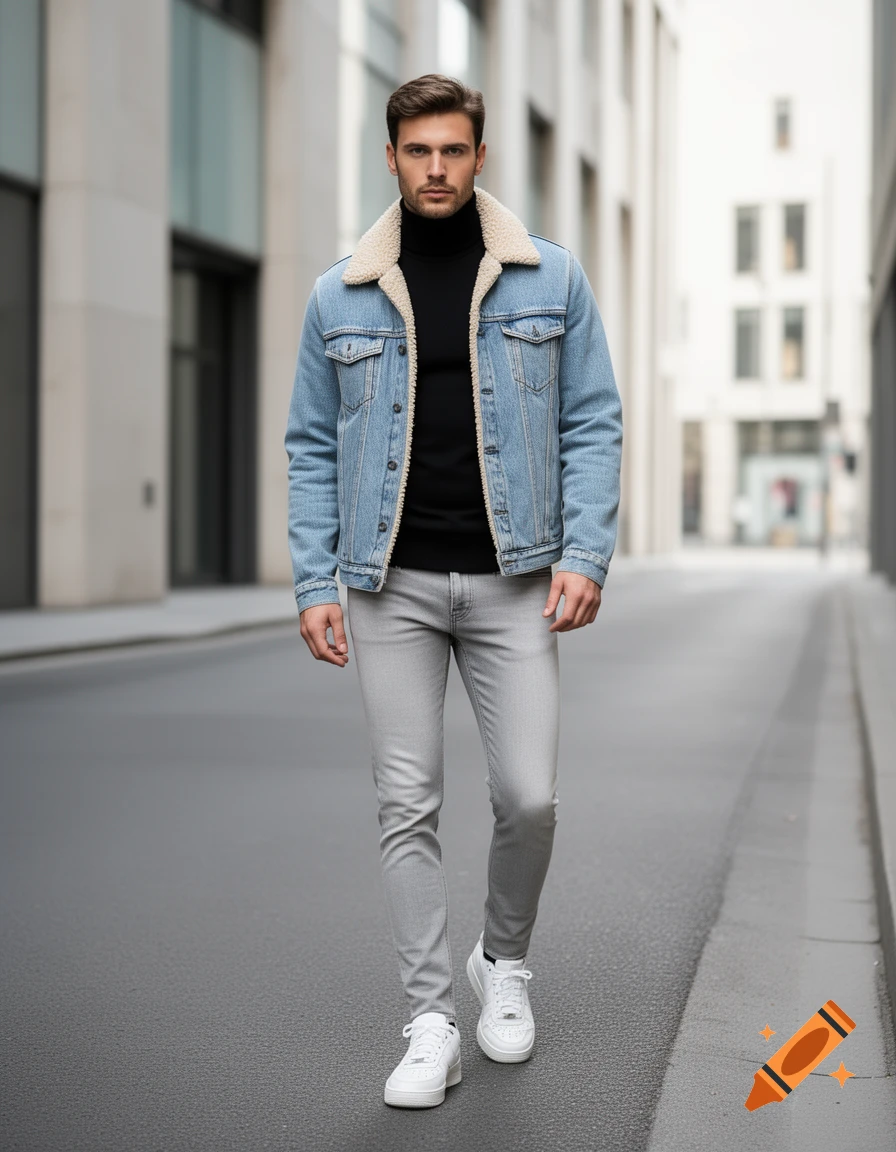 A man in a black turtleneck, light gray jeans, a denim sherpa jacket, and white sneakers walks on a city street.