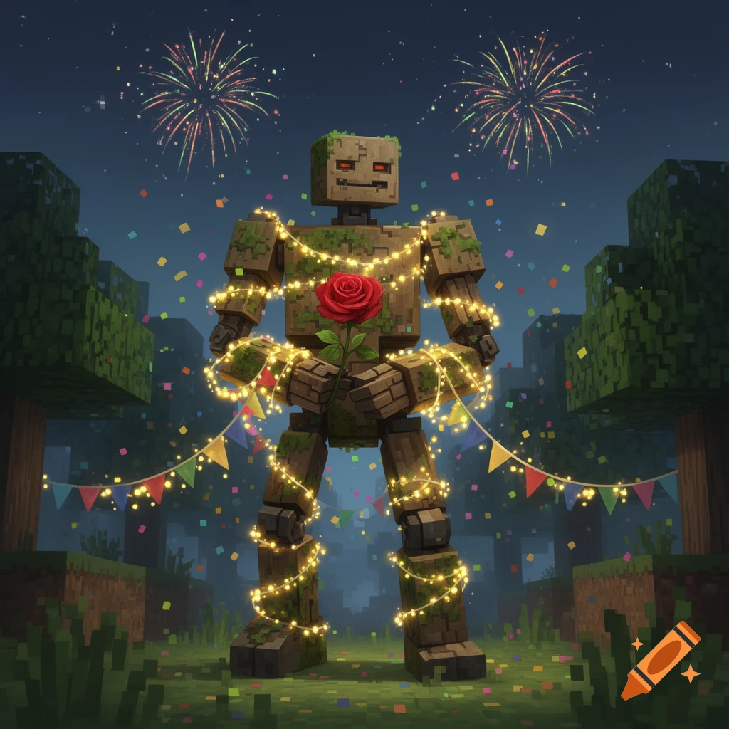 A blocky Minecraft-style golem, covered in moss and string lights, holds a red rose amidst falling confetti and fireworks at night.