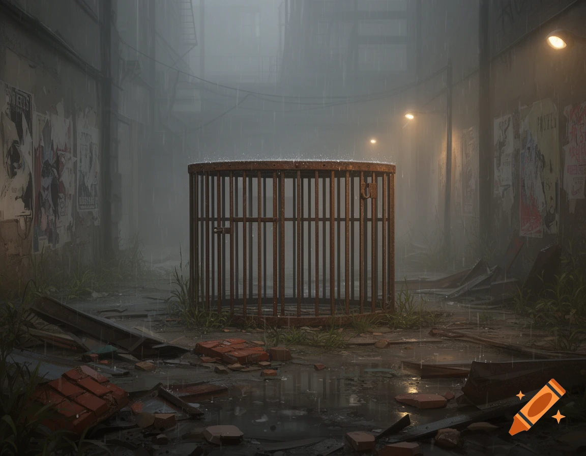A dark, rainy urban alley with a rusty cage in the center, surrounded by broken bricks and debris, under dim streetlights.