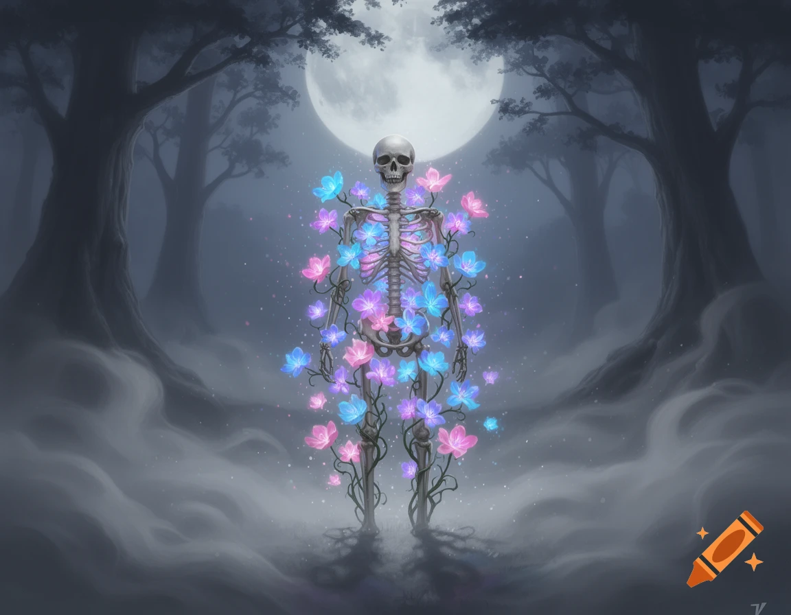 A glowing skeleton adorned with vibrant pink and blue flowers stands in a mystical, foggy forest under a full moon.