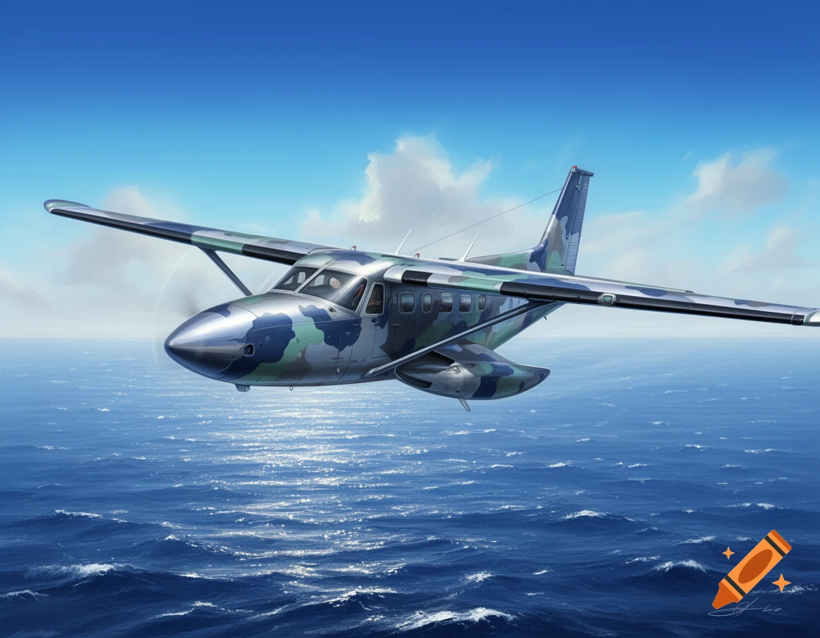 A camouflaged Cessna Caravan 208 aircraft flies over a vast blue ocean under a partly cloudy sky.