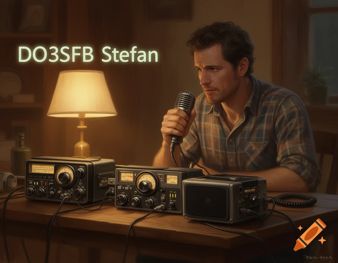 A man in a plaid shirt sits at a wooden table with ham radio equipment, holding a microphone. Text 'DO3SFB Stefan' is visible.