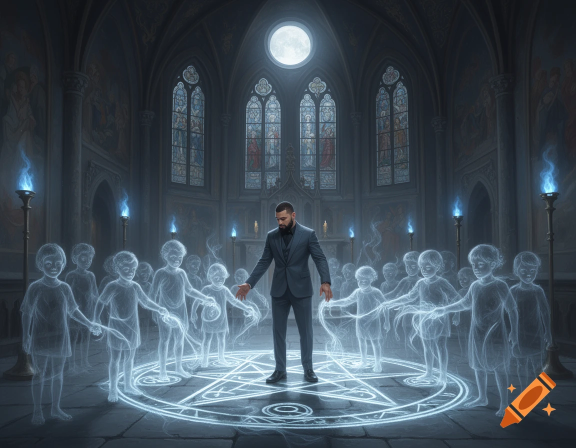 Andrew Tate stands within a glowing sigil on the floor of an ornate gothic church, surrounded by ethereal ghost children under a full moon.