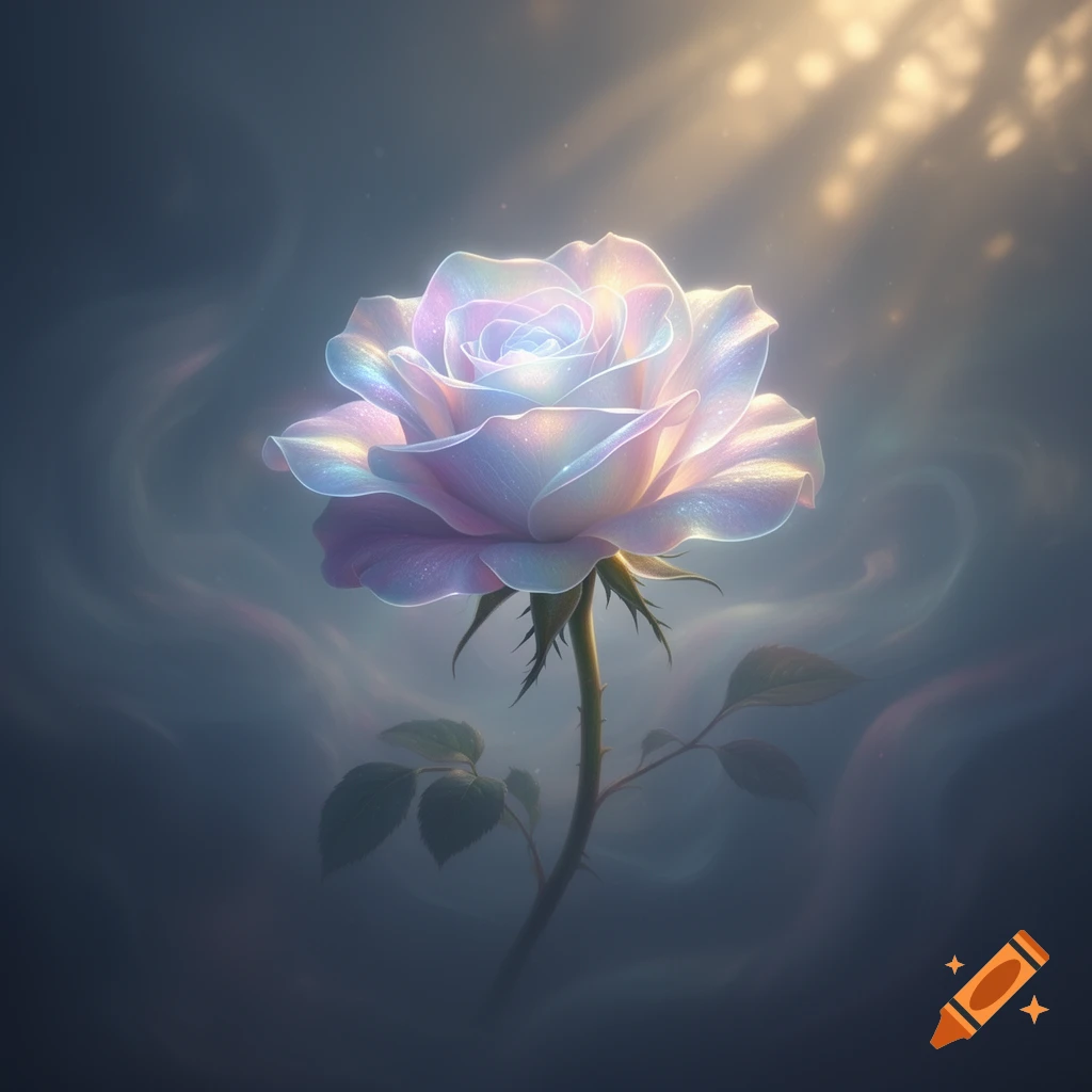 A luminous, iridescent rose with glowing petals stands against a dark, smoky background with ethereal light rays.