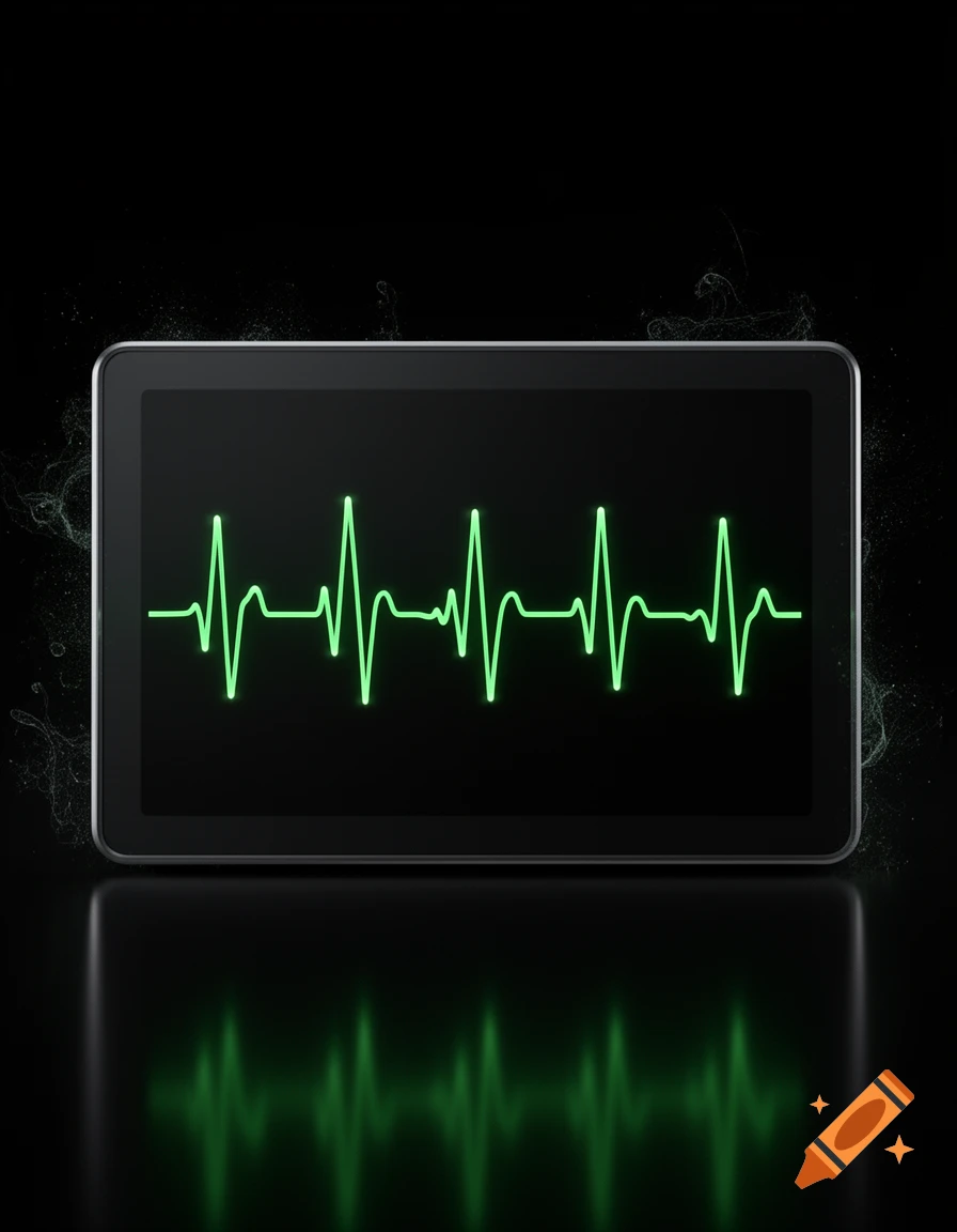 A tablet displaying a glowing green heart rate line on a black background, with a reflection.