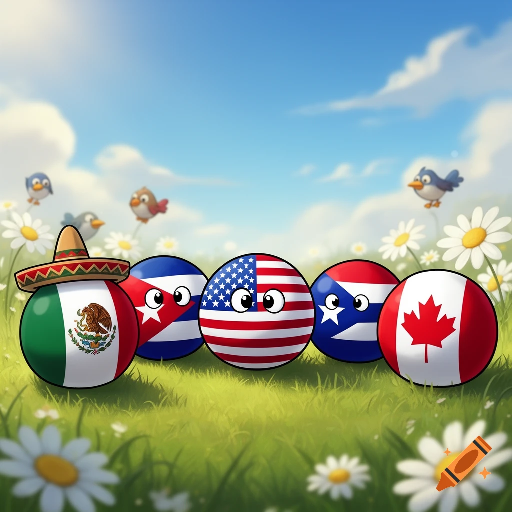 Cartoon countryballs of Mexico, Cuba, USA, Puerto Rico, and Canada stand in a field of daisies under a blue sky with birds.