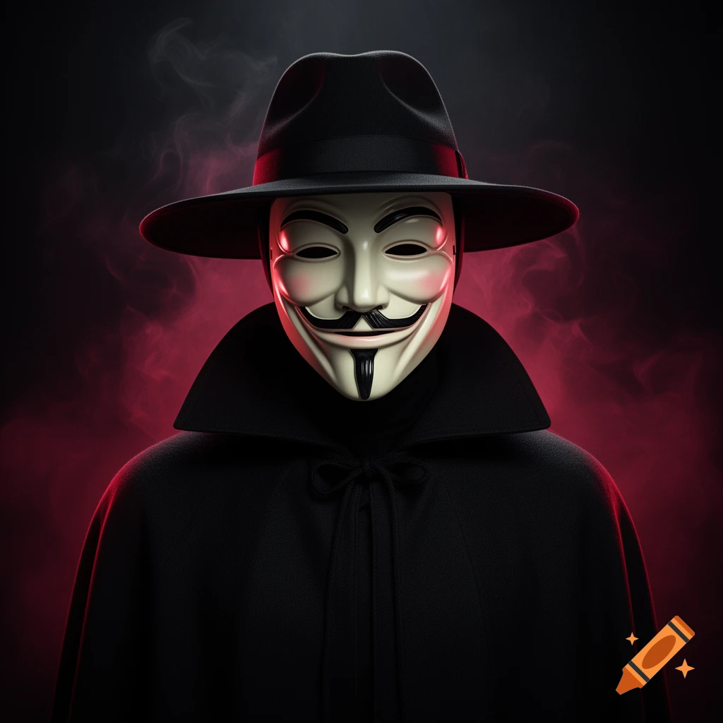 A portrait of a person wearing a Guy Fawkes mask, black fedora, and cape, against a dark background with red smoke.