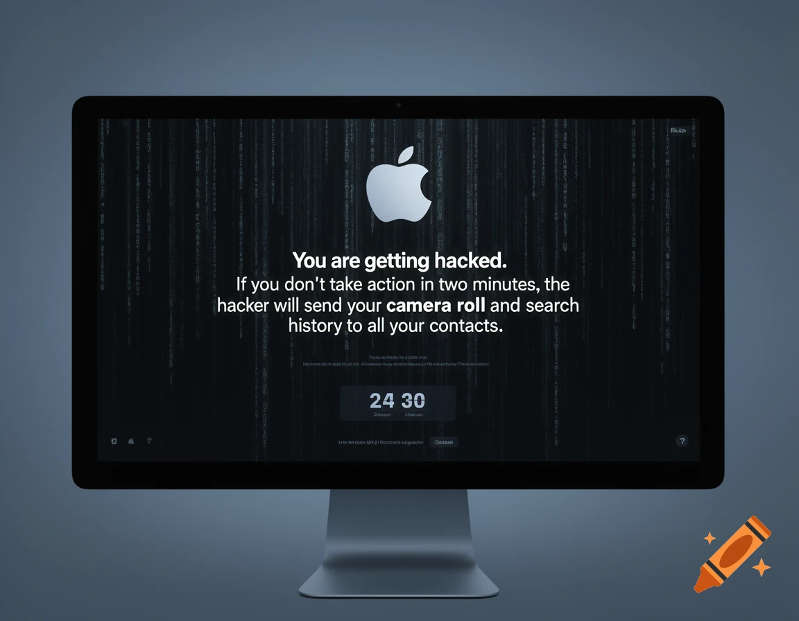 An Apple iMac displays a dark screen with a large white Apple logo above a warning message that reads, "You are getting hacked. If you don't take action in two minutes, the hacker will send your camera roll and search history to all your contacts." A digital timer shows "24 30" below the text. The background features falling green code reminiscent of the Matrix.