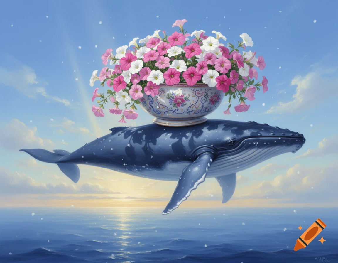 A blue whale floats above a serene ocean sunset, carrying a bowl of pink and white petunias on its back, digital painting.