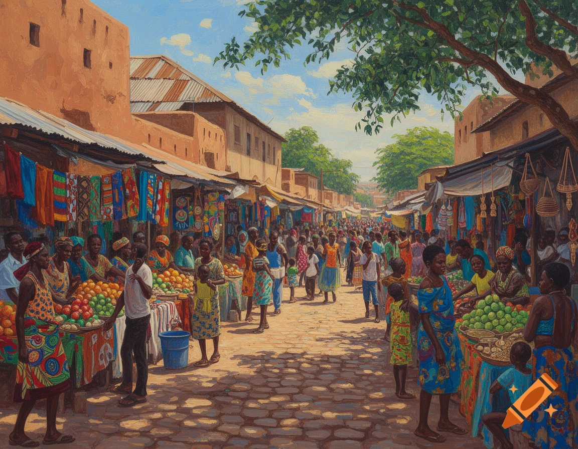 A vibrant painting of a crowded African street market with people, stalls laden with produce, and colorful fabrics.