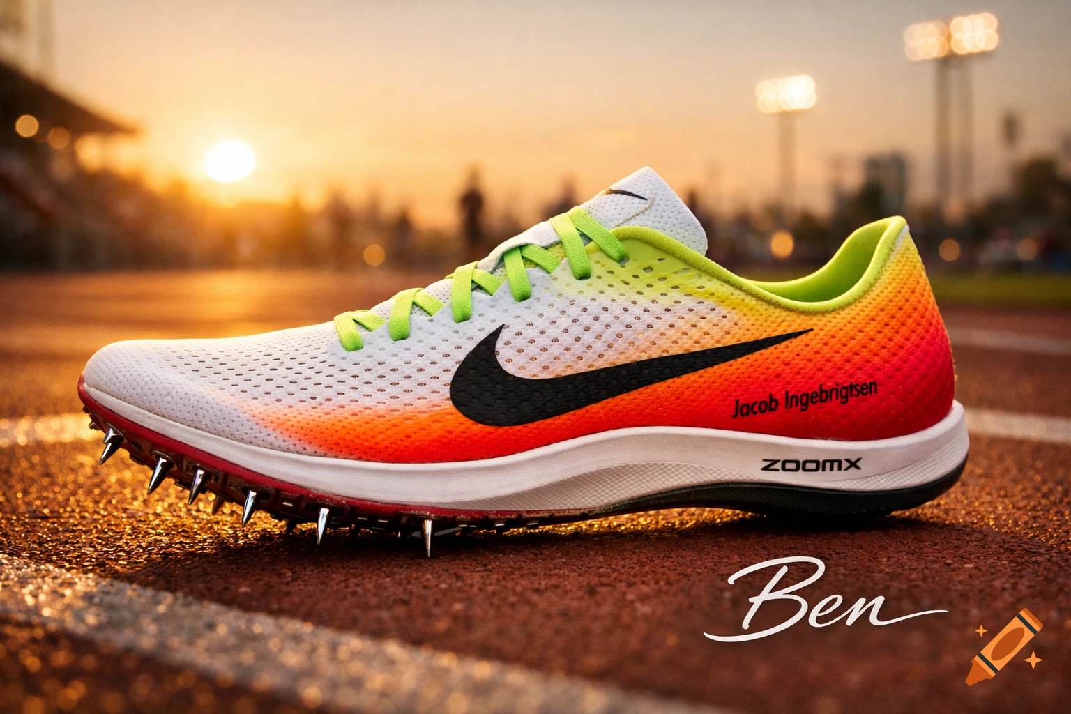 A white, orange, and yellow Nike running spike shoe with green laces on an athletic track at sunset. The name 'Jacob Ingebrigtsen' is on the shoe, and 'Ben' is written in script on the track.