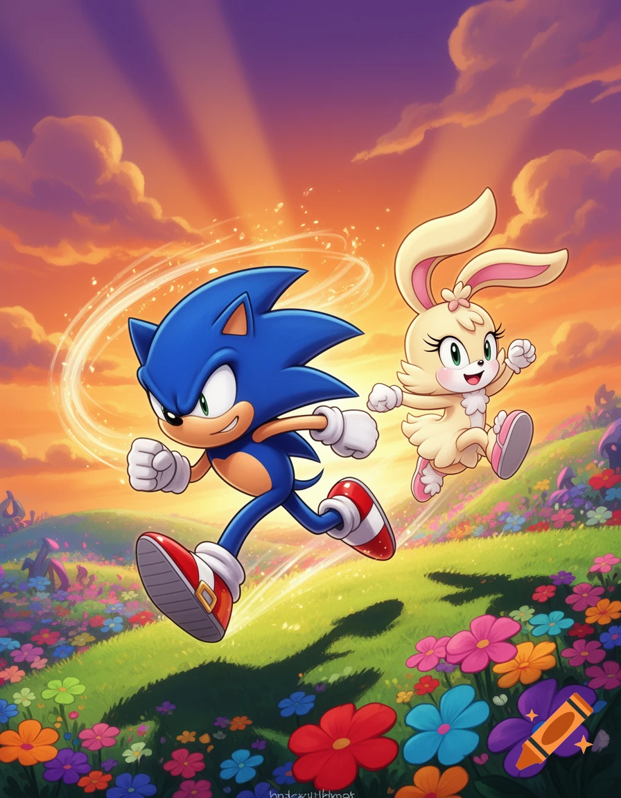 Sonic the Hedgehog and Cream the Rabbit run through a vibrant, flower-filled field under an orange and purple sky.