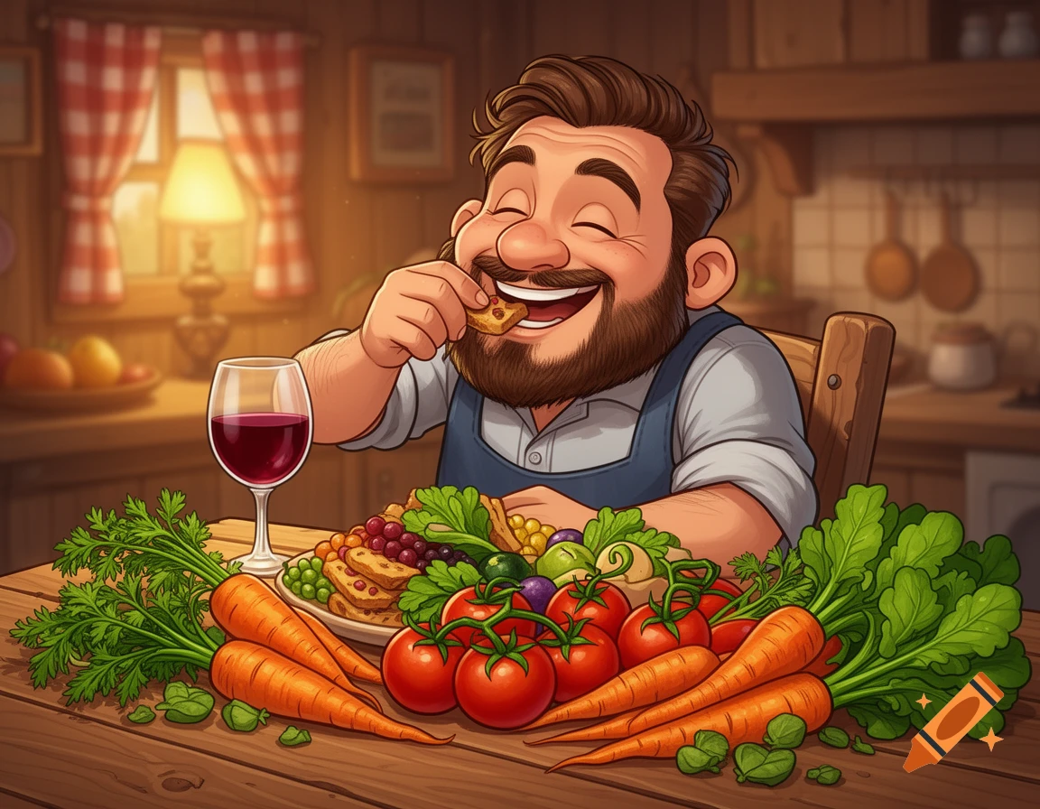 A happy bearded cartoon man enjoys a snack and red wine at a wooden table with fresh carrots, tomatoes, and leafy greens.