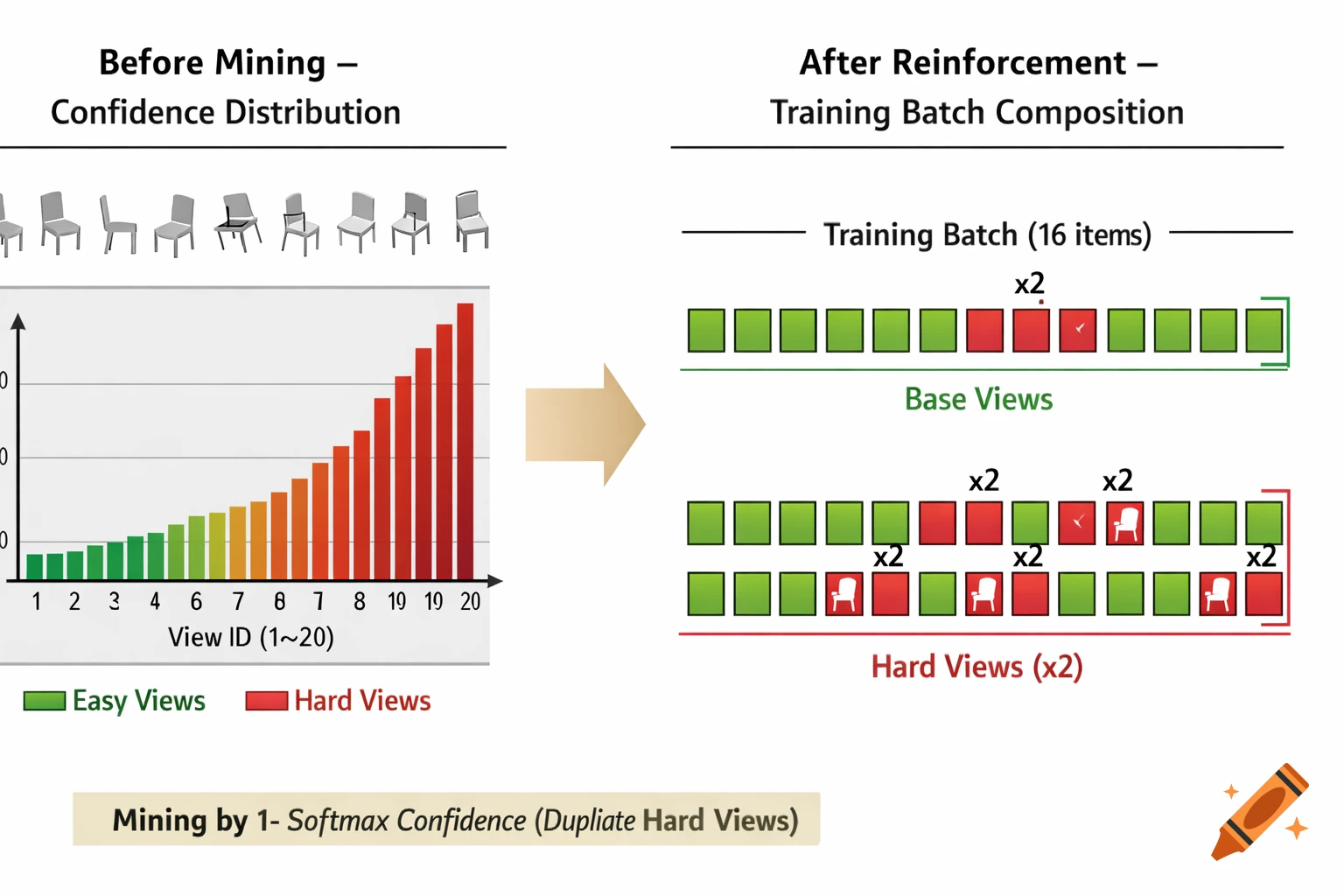 A two-panel scientific illustration showing confidence distribution and training batch composition with charts, squares, and chair icons.