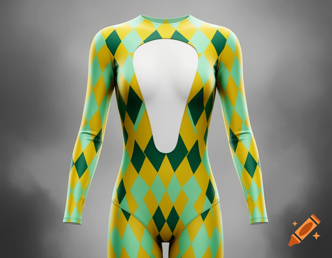 A long-sleeved leotard with yellow, mint green, and dark green diamond pattern and a chest cutout.