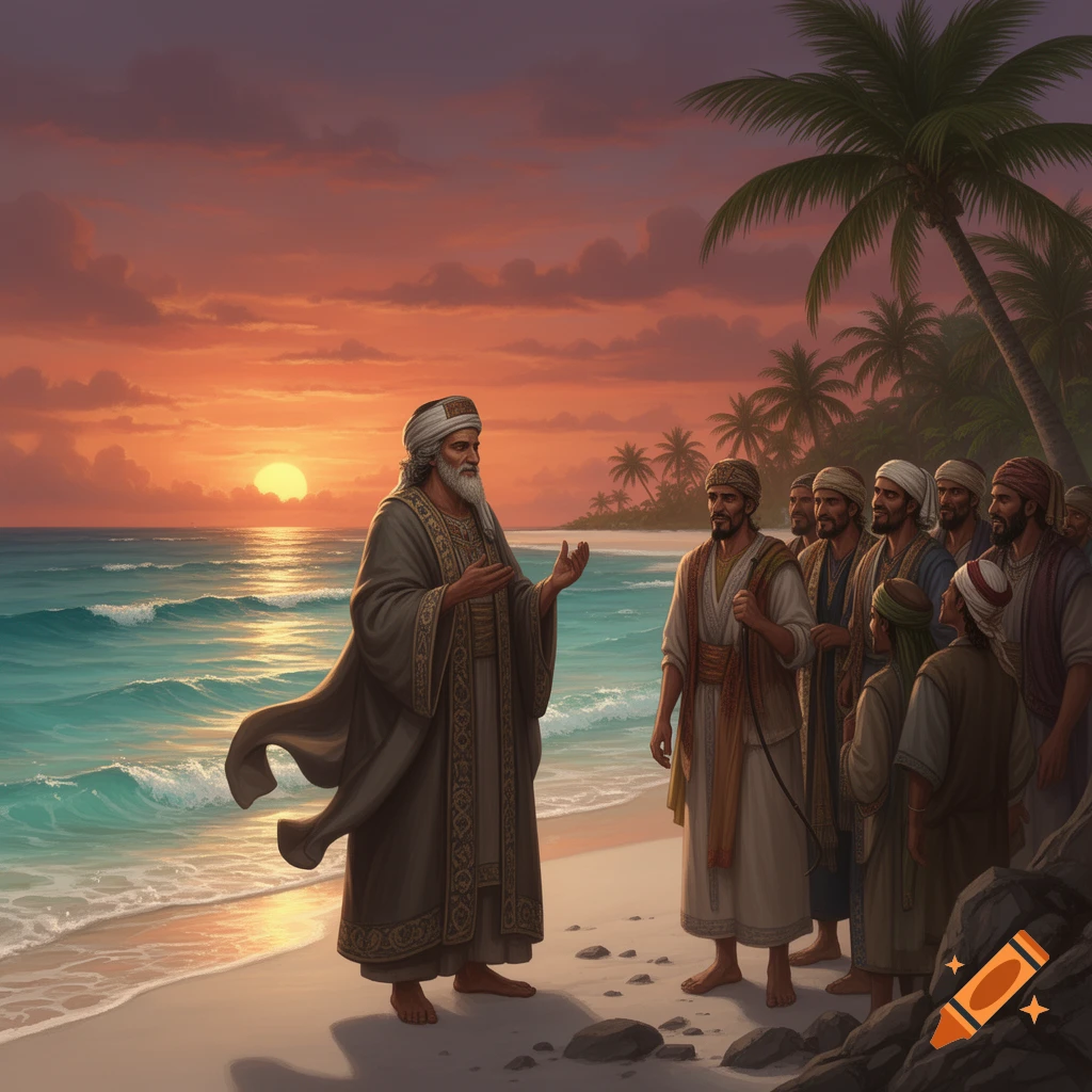 A bearded man in a turban and robes speaks to a group of men on a ...
