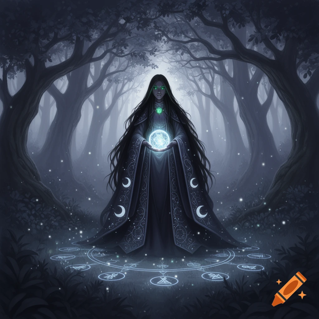 A dark sorceress with glowing green eyes and long black hair stands in a misty forest, holding a glowing blue orb above magical symbols on the ground. Dark fantasy art.