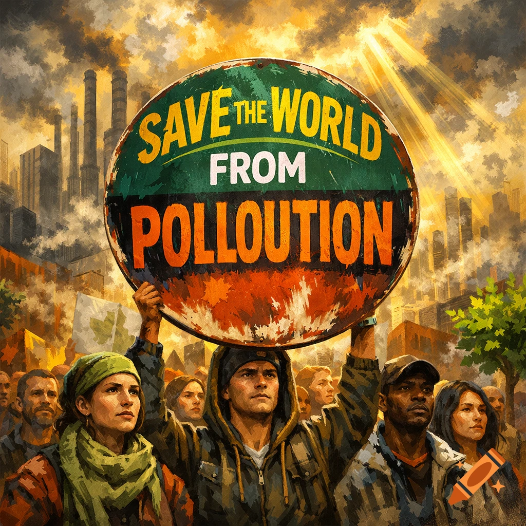 People protest with a large sign that reads "SAVE THE WORLD FROM POLLOUTION," depicted in a painterly style.