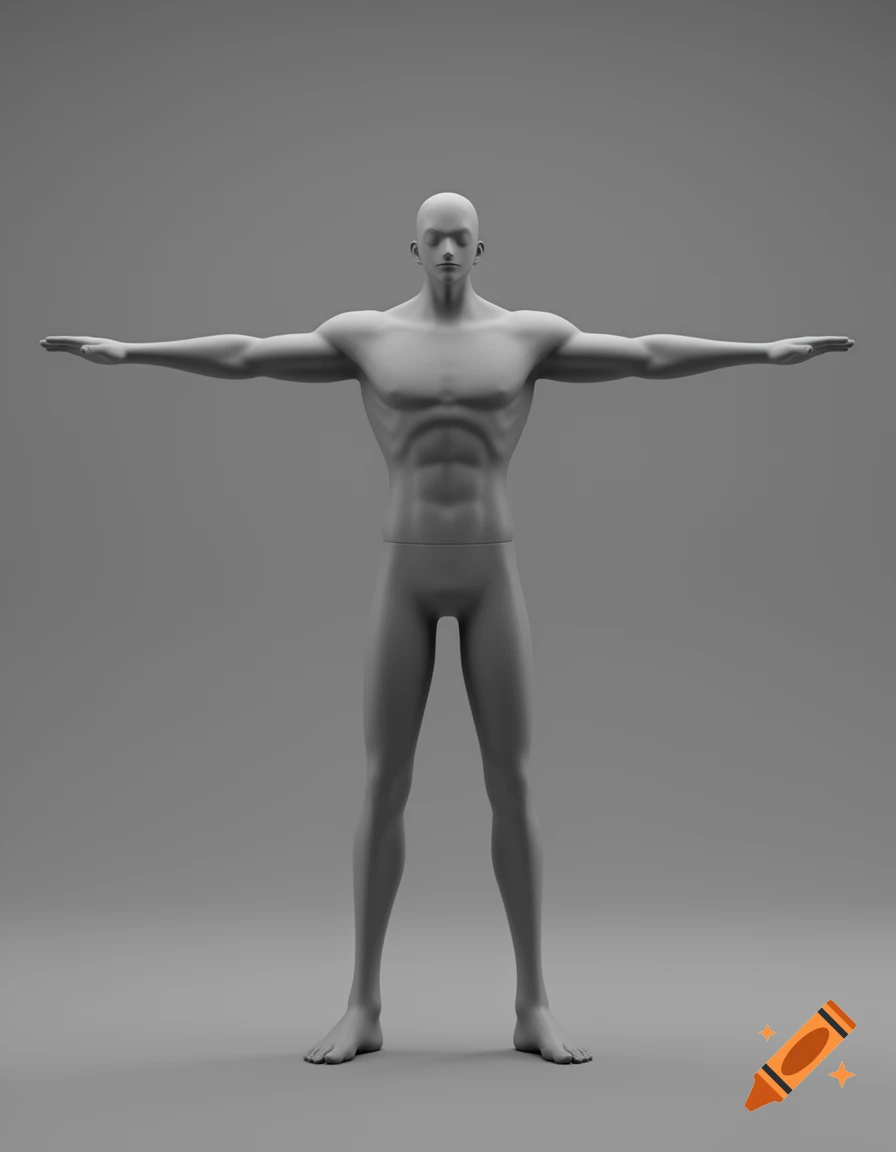 A grey, basic 3D male model in a T-pose, with no hair or clothes, against a grey background.