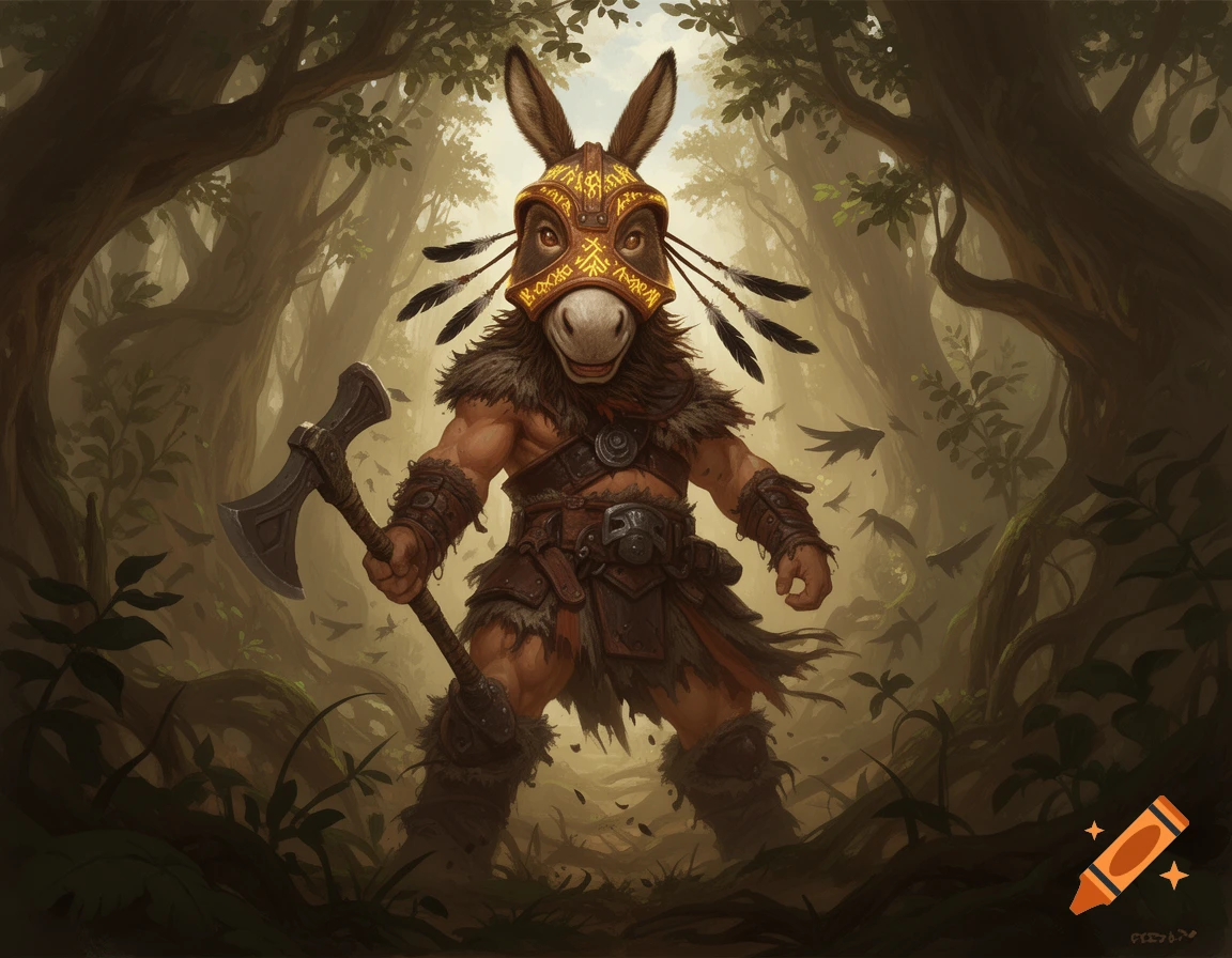 A muscled barbarian character wearing a decorative donkey-head mask, holding an axe, stands in a mystical forest. Digital art.
