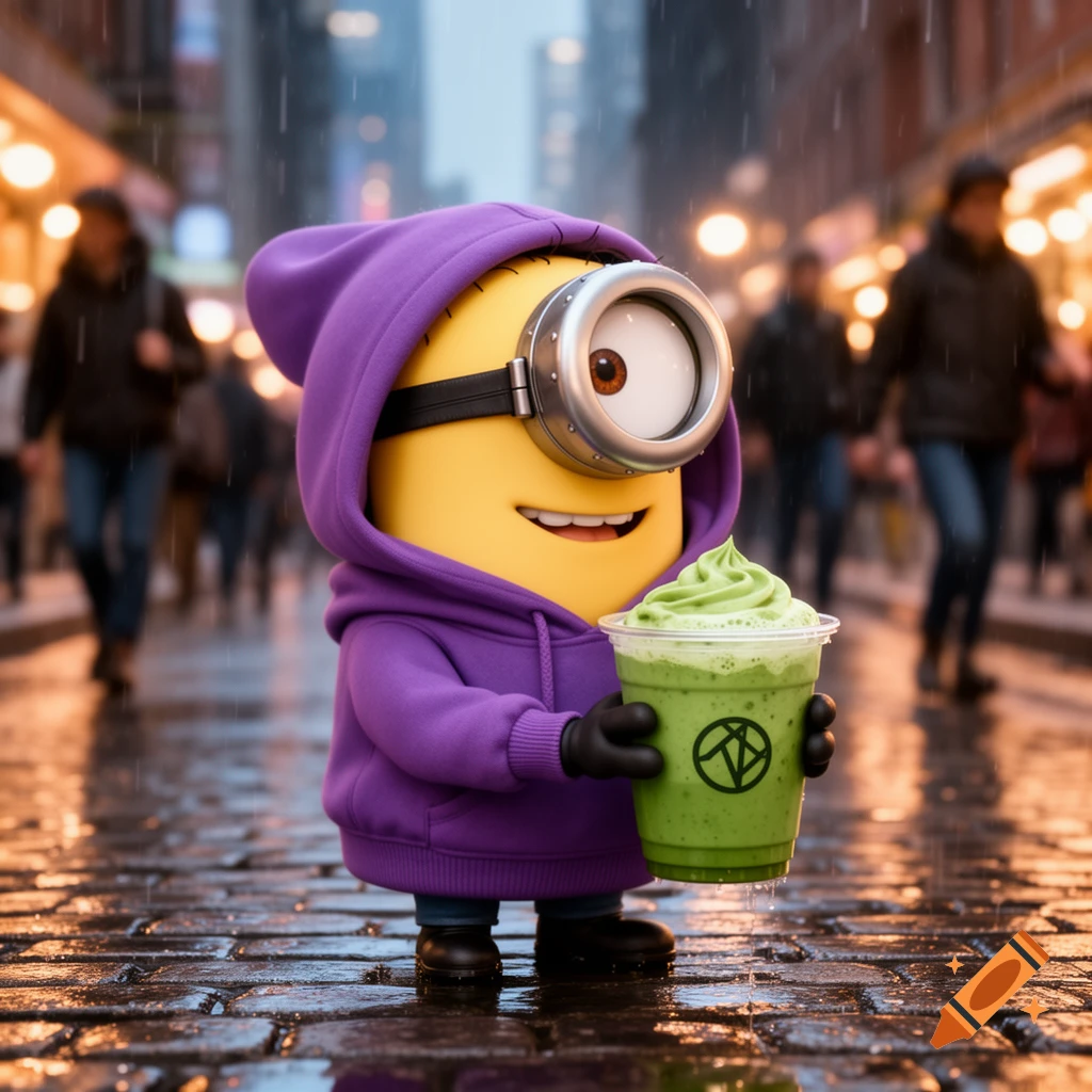 A Minion in a purple hoodie holds a green matcha drink on a wet city street.
