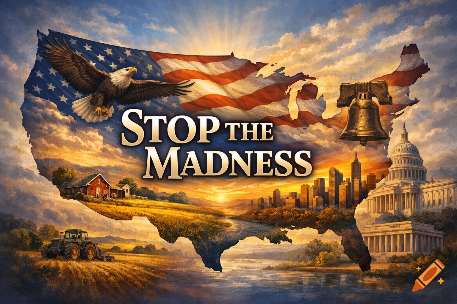 An allegorical painting of the USA map, featuring a flag, bald eagle, Liberty Bell, and landscapes, with 'STOP THE MADNESS' text.