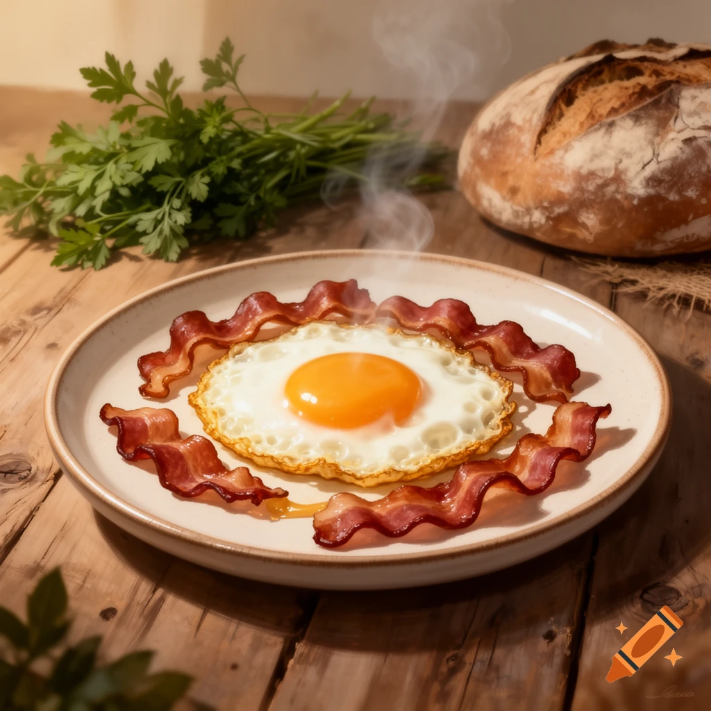 A close-up of a fried egg and crispy bacon on a white plate, with steam rising, on a rustic wooden table. Parsley and bread are blurred in the background.