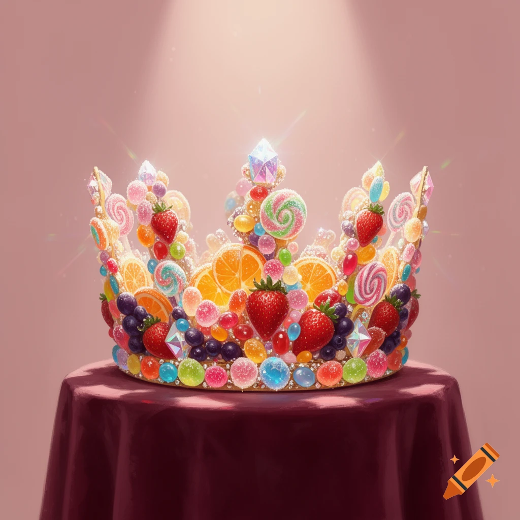 A sparkling crown made of colorful candies, lollipops, jelly beans, strawberries, blueberries, and orange slices, on a red table cloth.