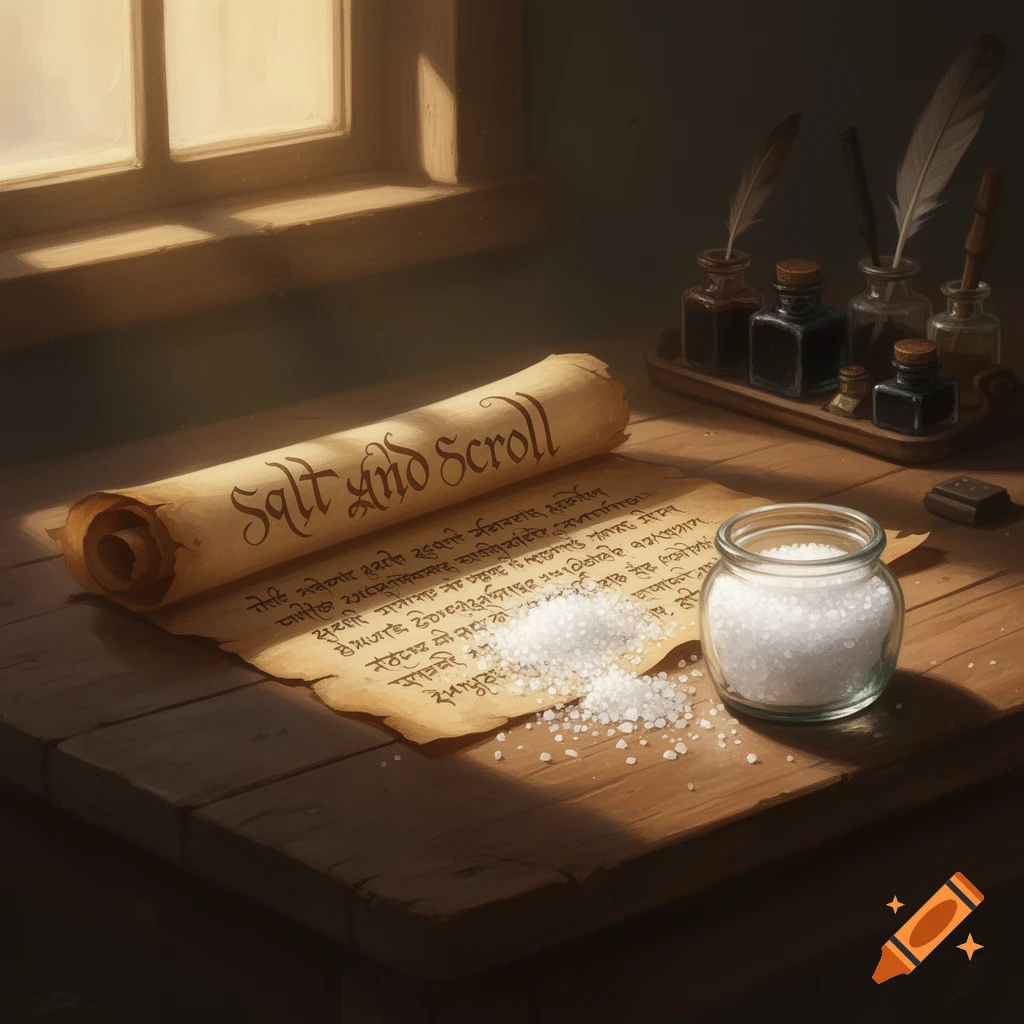 A scroll with "Salt and Scroll" written on it, unreadable text, salt spilled from a glass jar, and inkwells on a wooden table near a window.