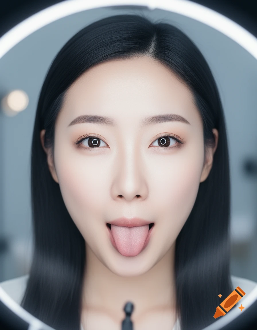 Close-up photorealistic portrait of an Asian woman with black hair sticking her tongue out, lit by a ring light.