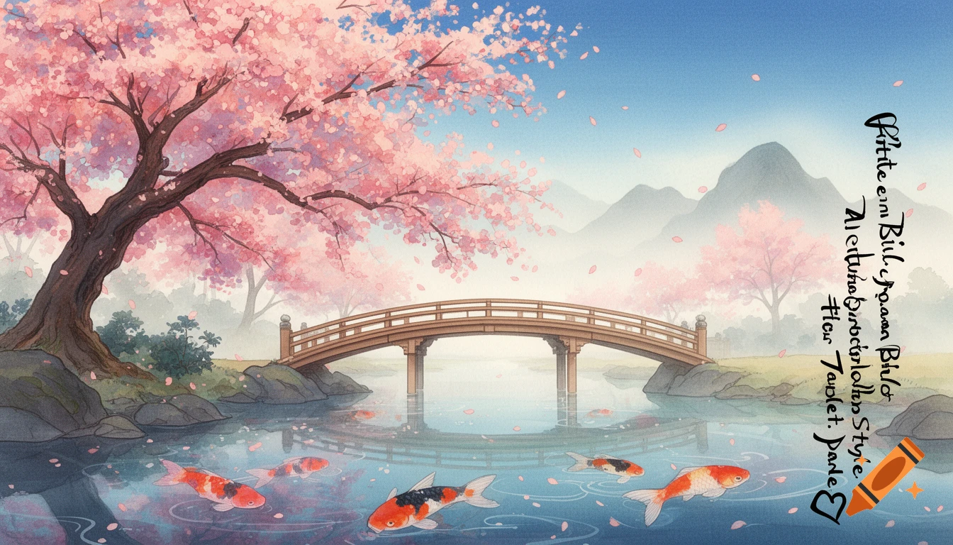 A serene Japanese watercolor landscape with a pink cherry blossom tree, a curved wooden bridge over a pond with koi fish, and distant mountains.